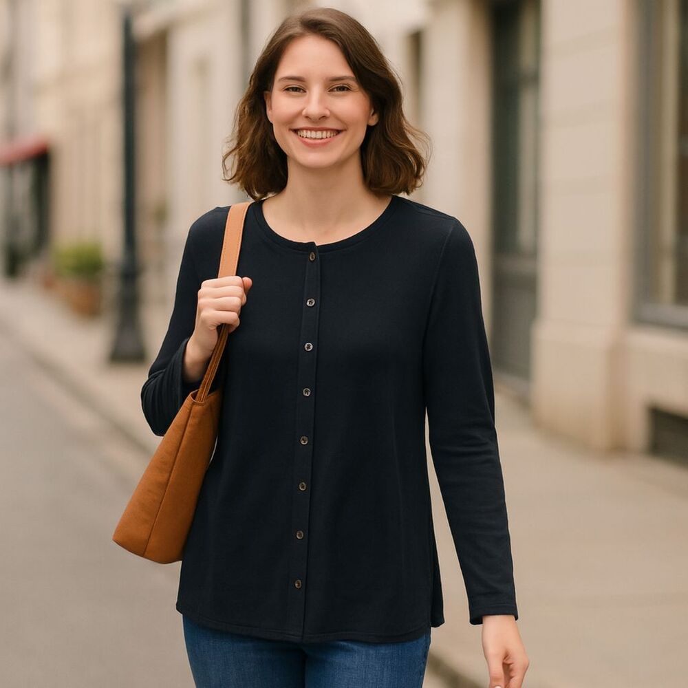 💐 Chicos Travelers Slinky Knit Top Chico's 1 M 8 Solid Black Snap Front Layer